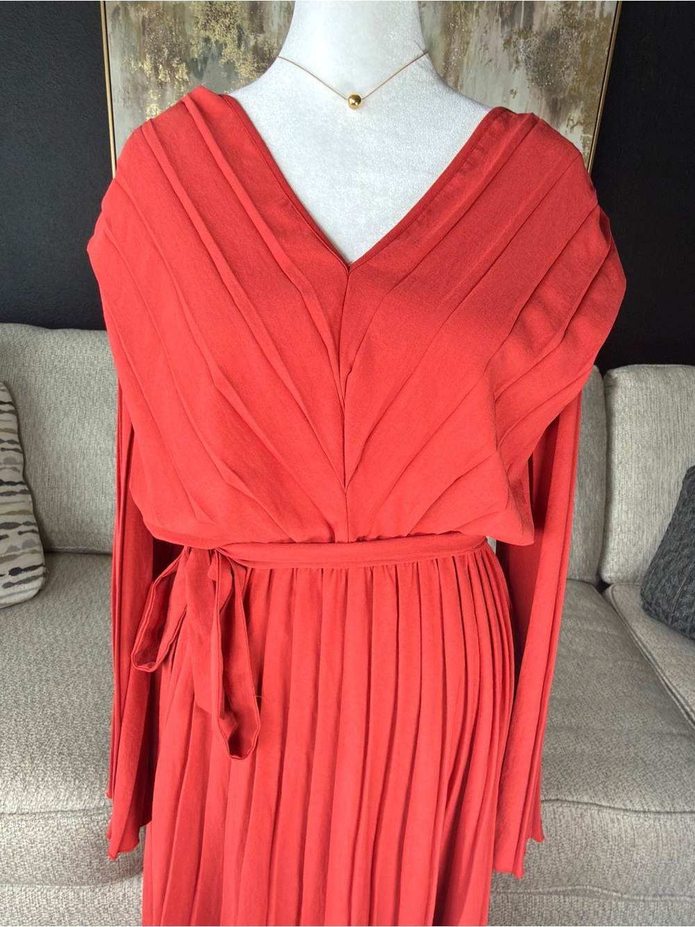 Zara Coral-Red Pleated V-Neck Midi Dress with Tie Waist - Picture 2 of 6